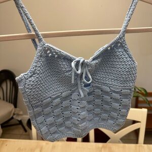 ZARA Pointelle Knit Top -  tank, front keyhole, bow, light blue, crochet,  crop